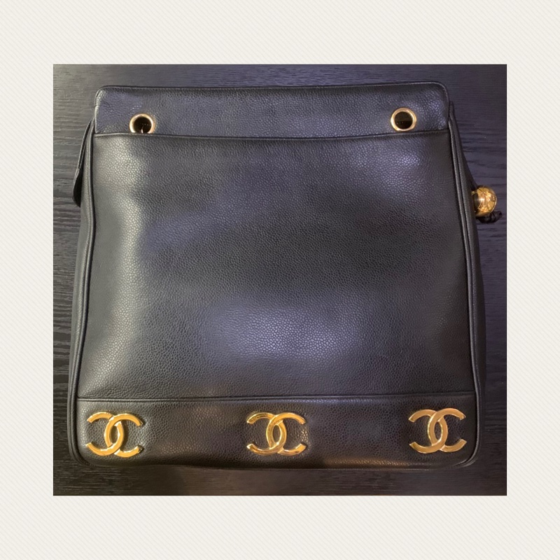 90S Chanel Vintage Caviar With 24k Gold-Plate CC Tote Bag 香奈兒中古魚子醬黑色CC單肩包-1