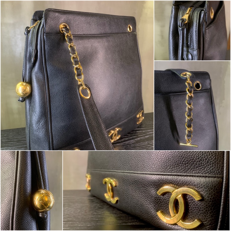 90S Chanel Vintage Caviar With 24k Gold-Plate CC Tote Bag 香奈兒中古魚子醬黑色CC單肩包-5