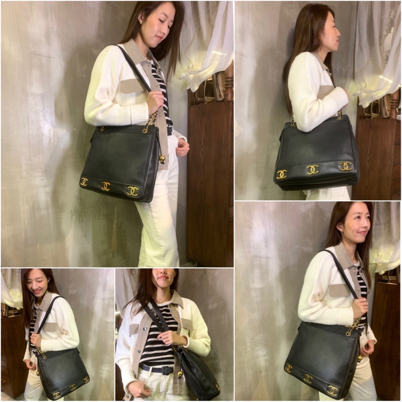 90S Chanel Vintage Caviar With 24k Gold-Plate CC Tote Bag 香奈兒中古魚子醬黑色CC單肩包-7