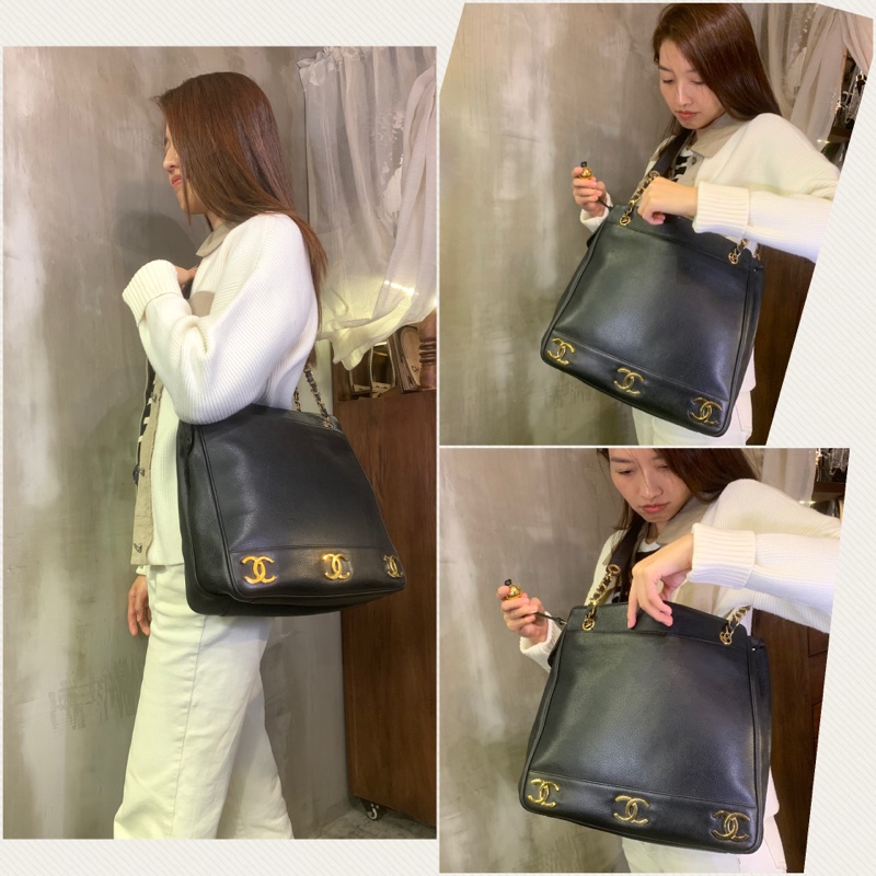 90S Chanel Vintage Caviar With 24k Gold-Plate CC Tote Bag 香奈兒中古魚子醬黑色CC單肩包-8