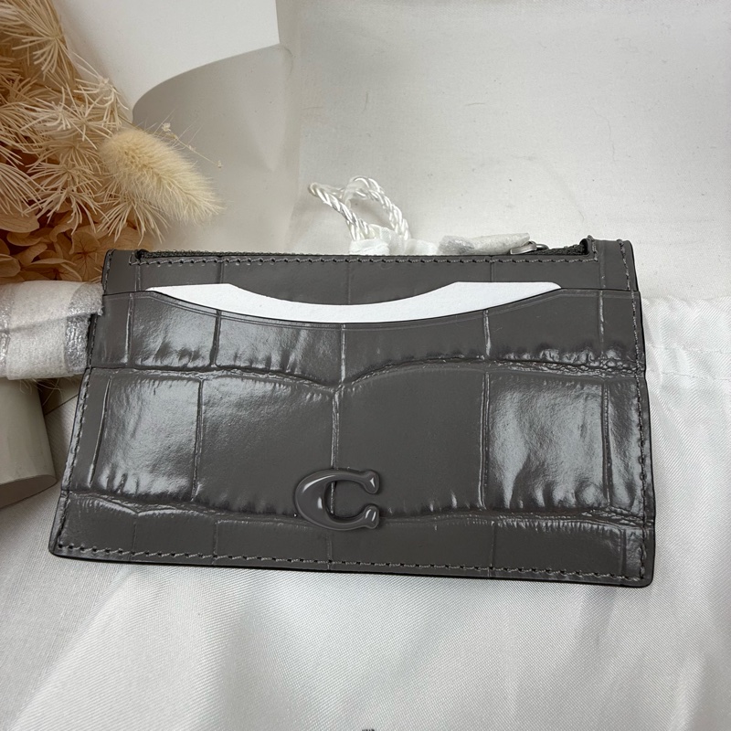 全新品 狀態良好 COACH 灰色 牛皮卡夾零錢包  男女適用-0