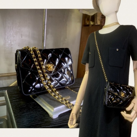 香奈兒黑色漆皮腰包 Chanel vintage Patent Leather 24K Gold CC Logo Belt Bag In Black + Chain