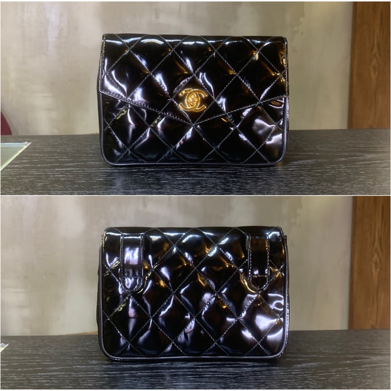 香奈兒黑色漆皮腰包 Chanel vintage Patent Leather 24K Gold CC Logo Belt Bag In Black + Chain-1