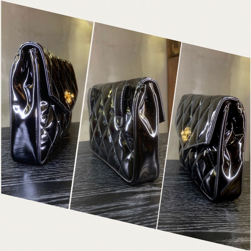 香奈兒黑色漆皮腰包 Chanel vintage Patent Leather 24K Gold CC Logo Belt Bag In Black + Chain-2