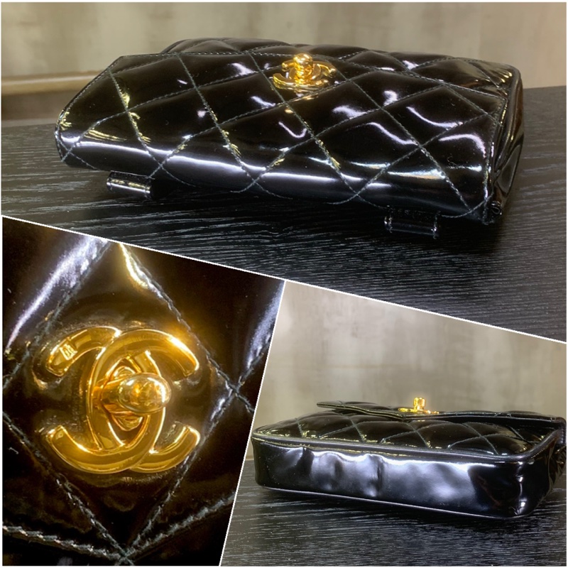 香奈兒黑色漆皮腰包 Chanel vintage Patent Leather 24K Gold CC Logo Belt Bag In Black + Chain-3