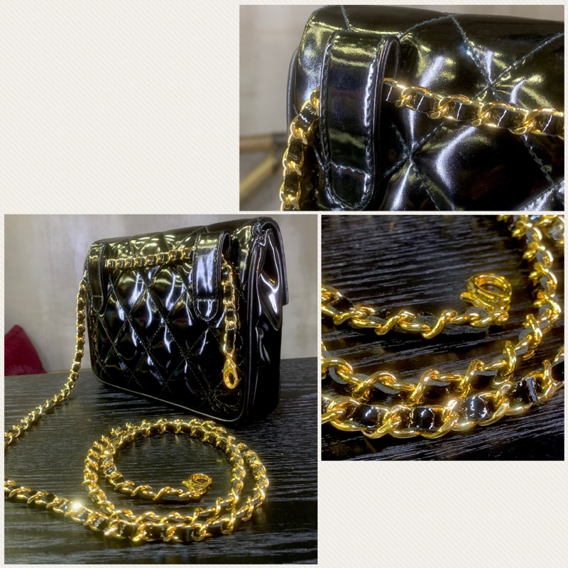 香奈兒黑色漆皮腰包 Chanel vintage Patent Leather 24K Gold CC Logo Belt Bag In Black + Chain-4