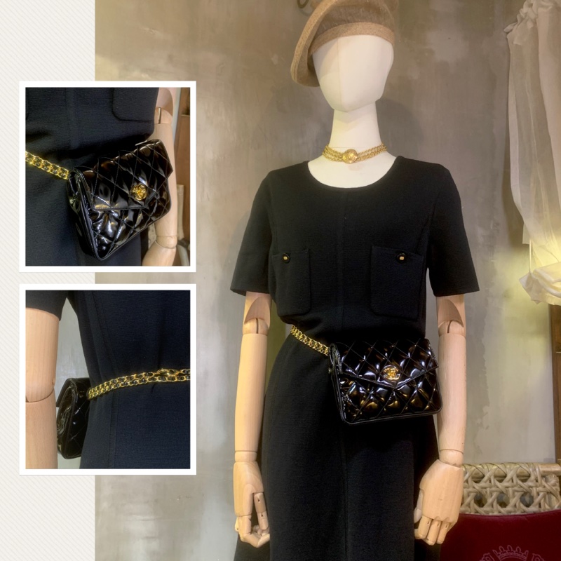 香奈兒黑色漆皮腰包 Chanel vintage Patent Leather 24K Gold CC Logo Belt Bag In Black + Chain-6