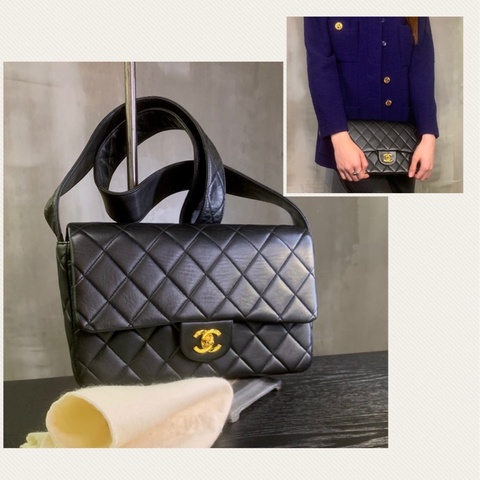 Chanel Vintage Lambskin Gold Diamond Quilted With 24k Gold-Plate CC Turn Lock Shoulder Bag With Single Strap In Black 香奈兒24k金CC扣單肩/斜孭袋