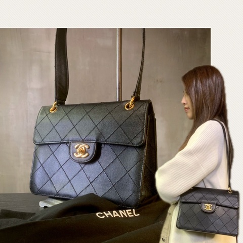 Chanel Vintage Caviar Gold Diamond Quilted With 24k Gold-Plate CC Turn Lock Shoulder Bag In Black 香奈兒魚子醬經典單肩包