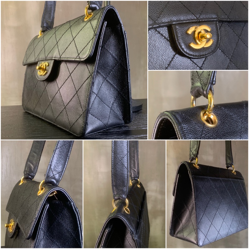 Chanel Vintage Caviar Gold Diamond Quilted With 24k Gold-Plate CC Turn Lock Shoulder Bag In Black 香奈兒魚子醬經典單肩包-4