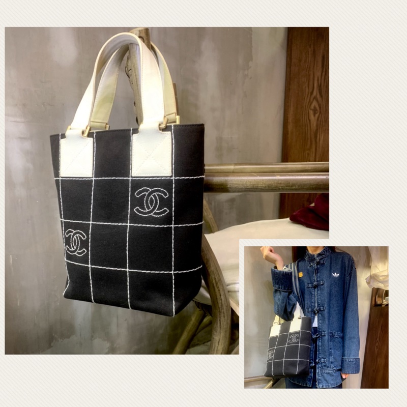香奈兒黑色帆布冰格CC手提包 Chanel Vintage Black Canvas Handbag With Quilted CC Logo-0