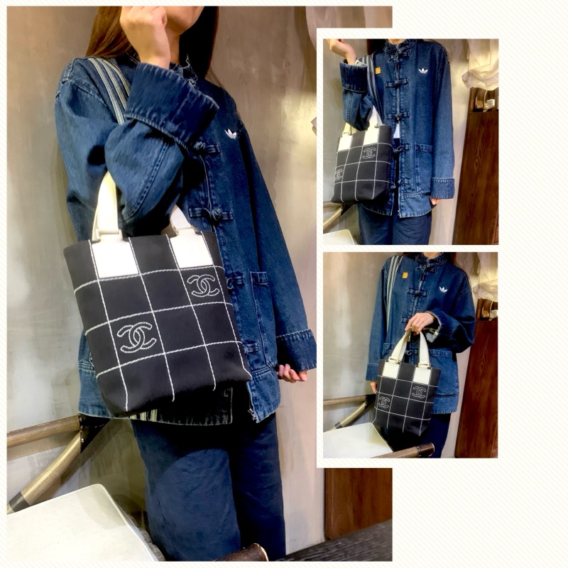 香奈兒黑色帆布冰格CC手提包 Chanel Vintage Black Canvas Handbag With Quilted CC Logo-7