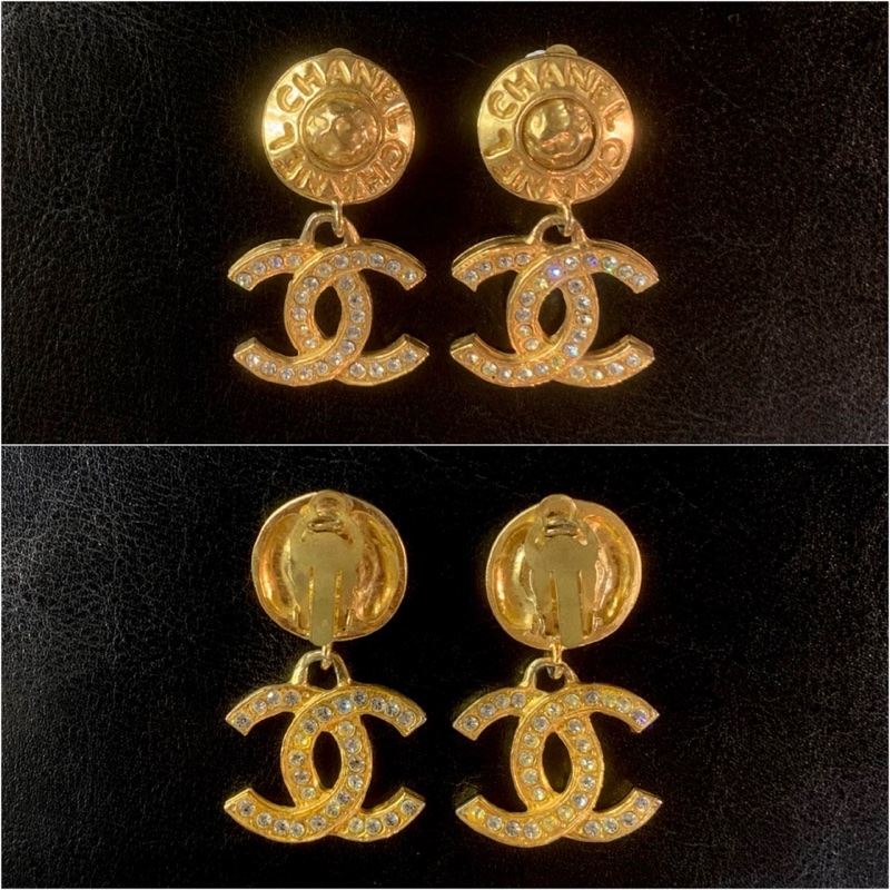 Chanel Vintage CC Logo Ear Clips With Crystals  香奈兒水鑽CC吊墜耳夾-1