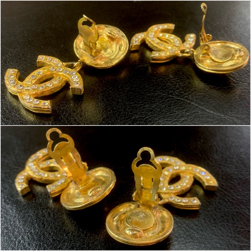 Chanel Vintage CC Logo Ear Clips With Crystals  香奈兒水鑽CC吊墜耳夾-3
