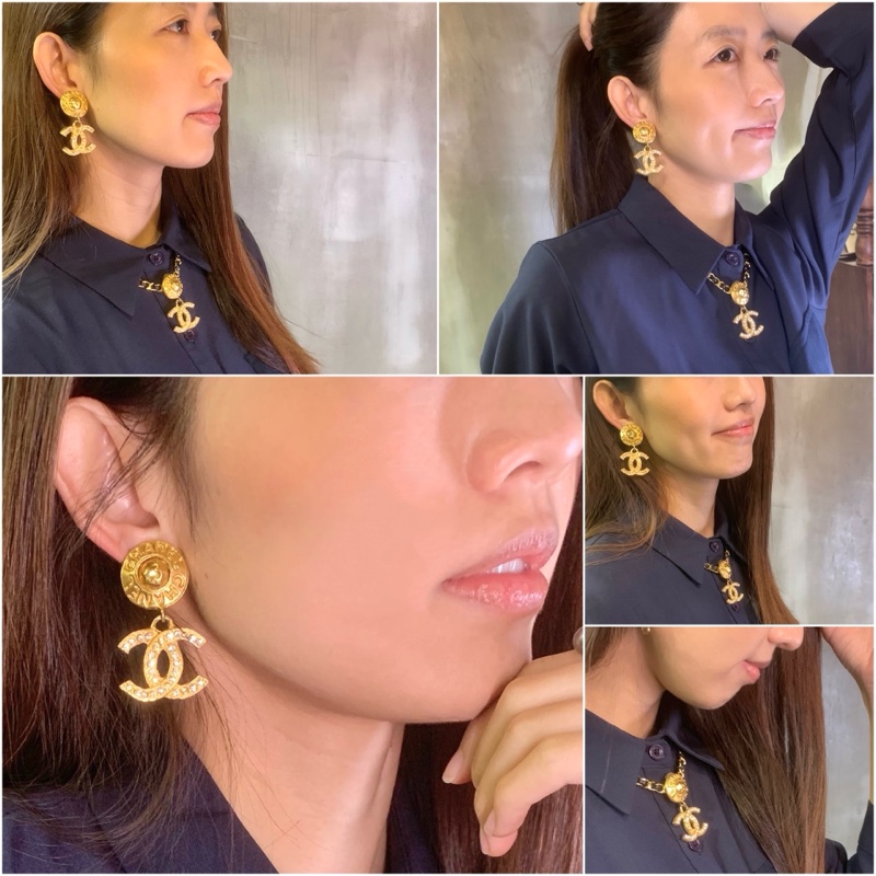 Chanel Vintage CC Logo Ear Clips With Crystals  香奈兒水鑽CC吊墜耳夾-4