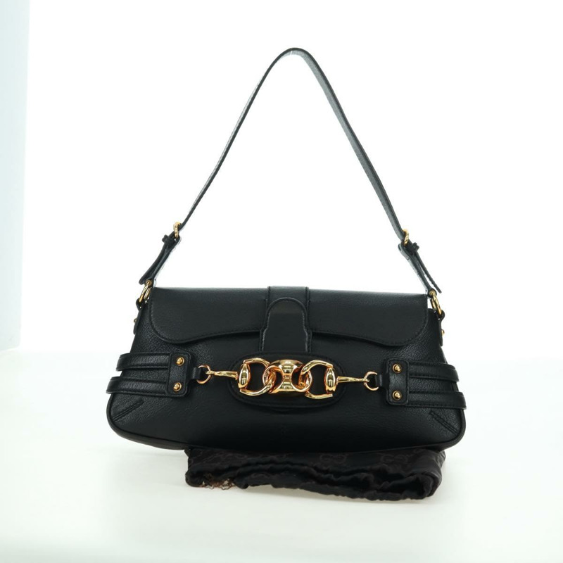 【日本直送】GUCCI 馬銜扣單肩包，黑色金色皮革，貨號 159402，正品編號 178489SAV-11