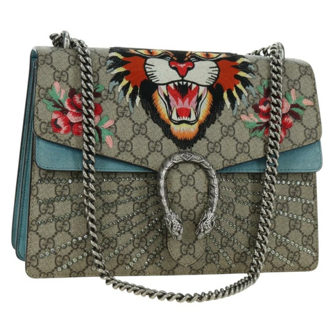GUCCI 鏈條 Dionysus 憤怒貓包 皮革 米色 銀色 403348 正品 178733V