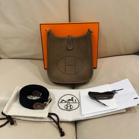 Hermes 愛馬仕 mini Evelyne 依芙琳/斜背包/大象灰銀釦/D刻/95新美品