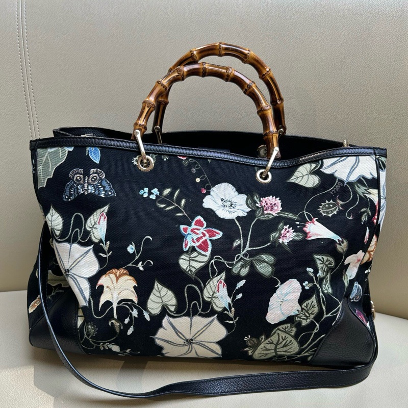 Gucci竹節花卉拼牛皮大Tote-1