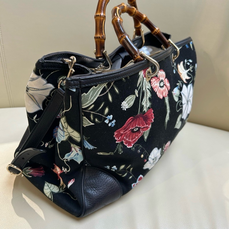Gucci竹節花卉拼牛皮大Tote-5