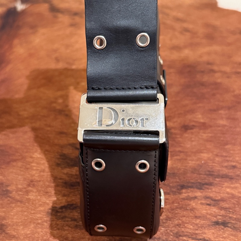 Dior 黑銀扣皮革釦眼寬背帶肩背包-2