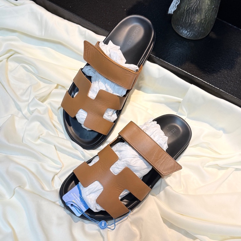 Hermes/愛馬仕 黑棕H綁帶二舅拖鞋 39碼-0