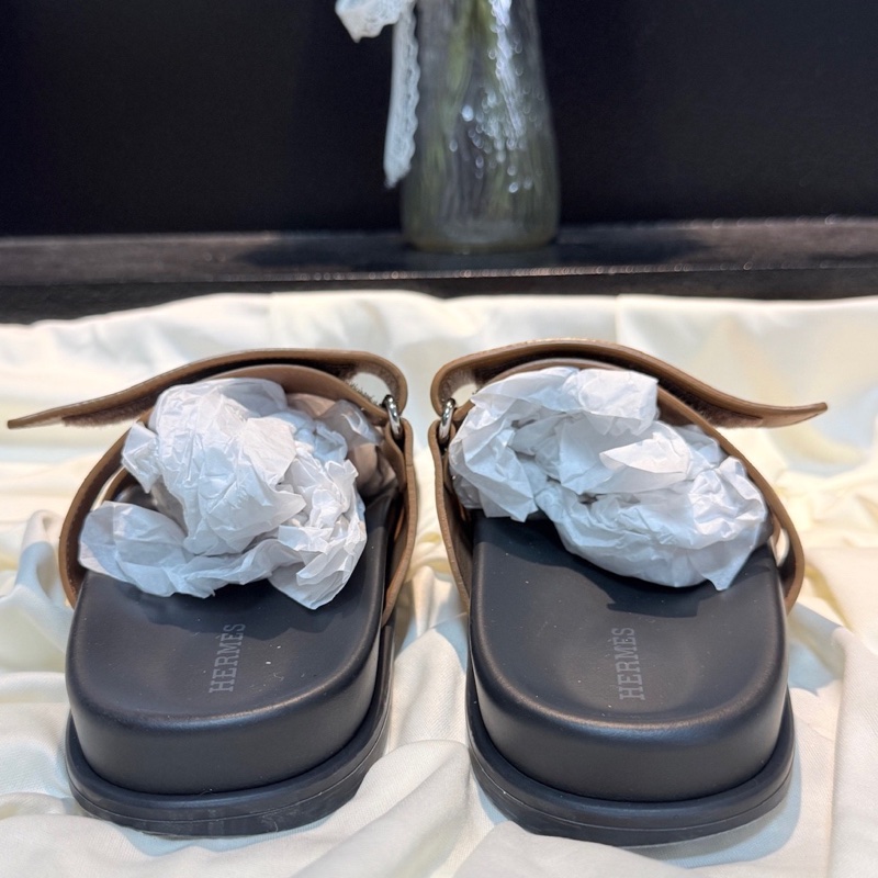 Hermes/愛馬仕 黑棕H綁帶二舅拖鞋 39碼-2