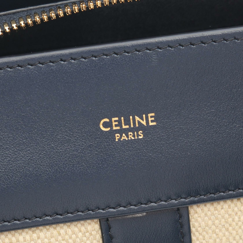 CELINE 小號 Cabas de France 2WAY 手提包，帆布皮革，米色/海軍藍，二手女款-3