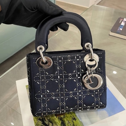 Dior • Lady Dior 深藍色緞面水鑽三格戴妃包