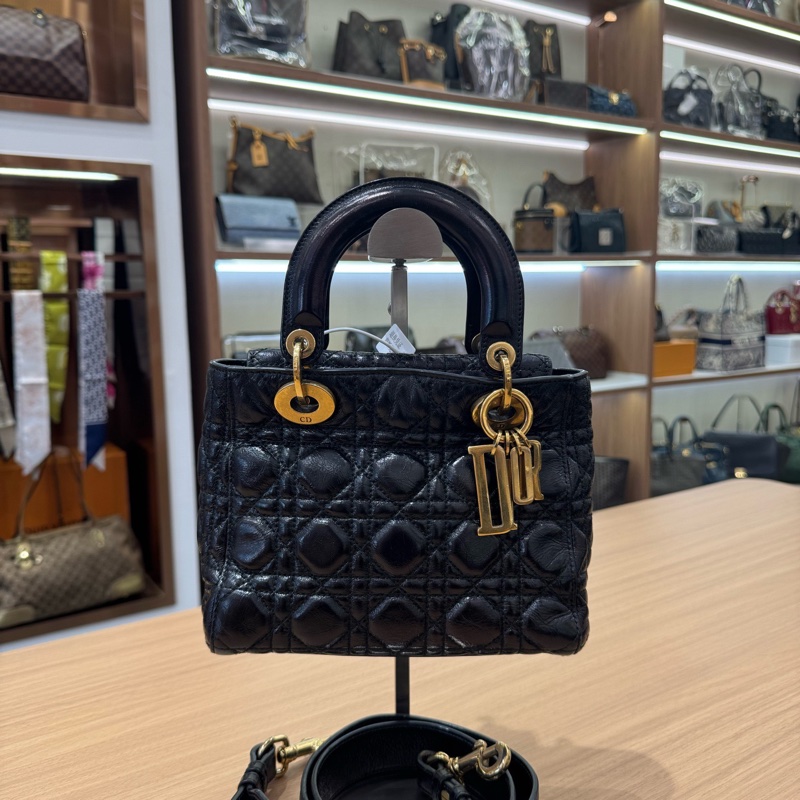 Dior • Lady Dior 經典黑金油臘牛皮四格戴妃包-2
