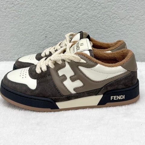 Fendi 芬迪 皮革 絨面 棕色拼接 白色 休閒鞋 板鞋 36碼