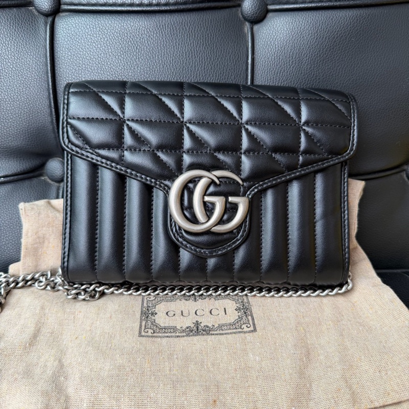 Gucci 古馳 馬蒙新款黑銀woc鏈條斜塊包 黑銀色、單包-0