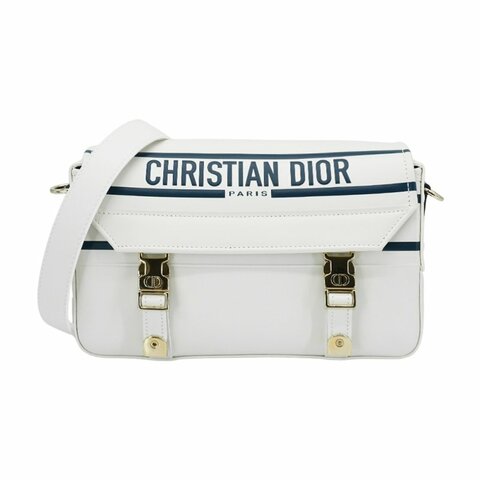 Dior 展示品 Diorcamp 海軍條紋牛皮淡金屬壓釦斜背郵差包-小(白/藍)