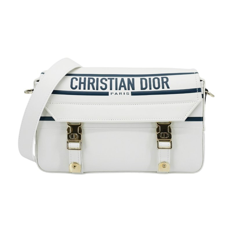 Dior 展示品 Diorcamp 海軍條紋牛皮淡金屬壓釦斜背郵差包-小(白/藍)-0