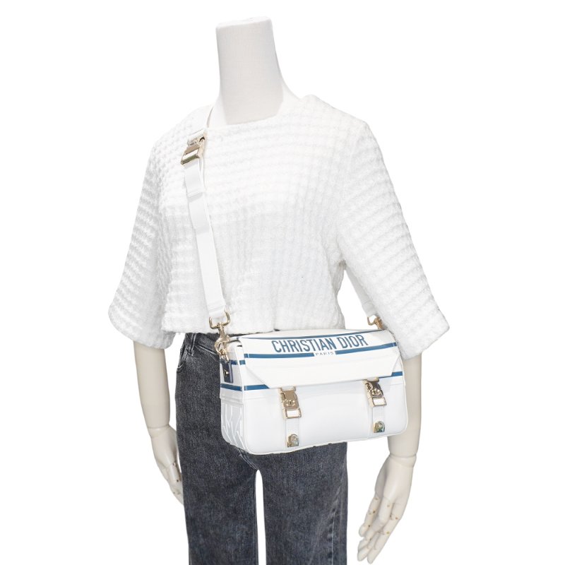 Dior 展示品 Diorcamp 海軍條紋牛皮淡金屬壓釦斜背郵差包-小(白/藍)-5
