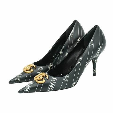 Gucci x Balenciaga 展示品 條紋Logo皮革尖頭高跟鞋#34.5(黑)