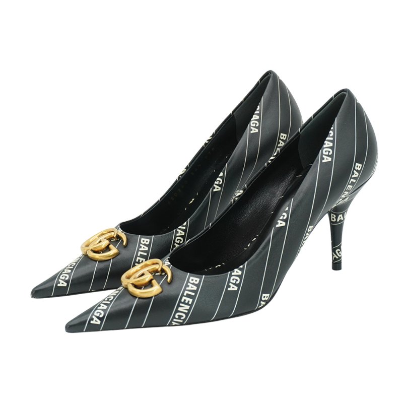 Gucci x Balenciaga 展示品 條紋Logo皮革尖頭高跟鞋#34.5(黑)-0