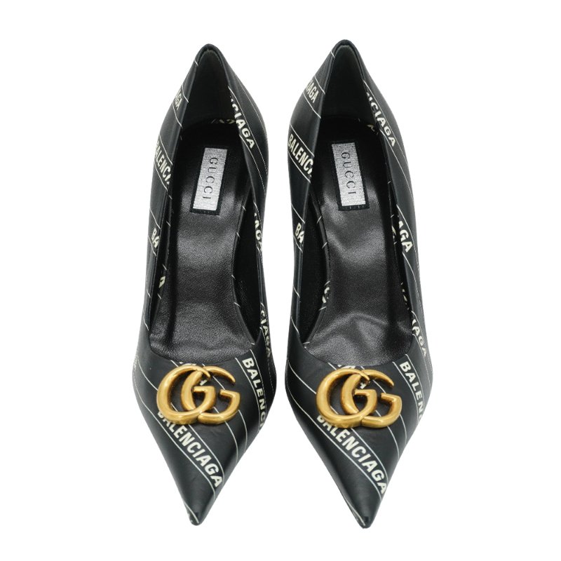 Gucci x Balenciaga 展示品 條紋Logo皮革尖頭高跟鞋#34.5(黑)-1