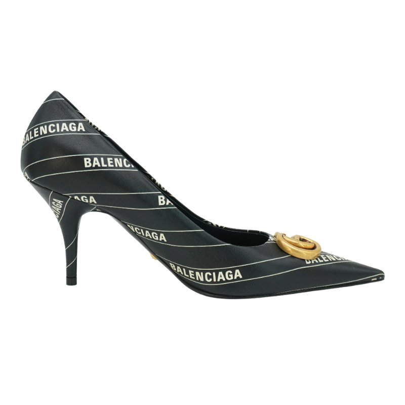 Gucci x Balenciaga 展示品 條紋Logo皮革尖頭高跟鞋#34.5(黑)-3
