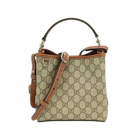 Gucci 展示品 GG Emblem 帆布拚牛皮水桶二用包(815118-咖)