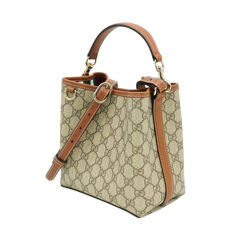 Gucci 展示品 GG Emblem 帆布拚牛皮水桶二用包(815118-咖)-1