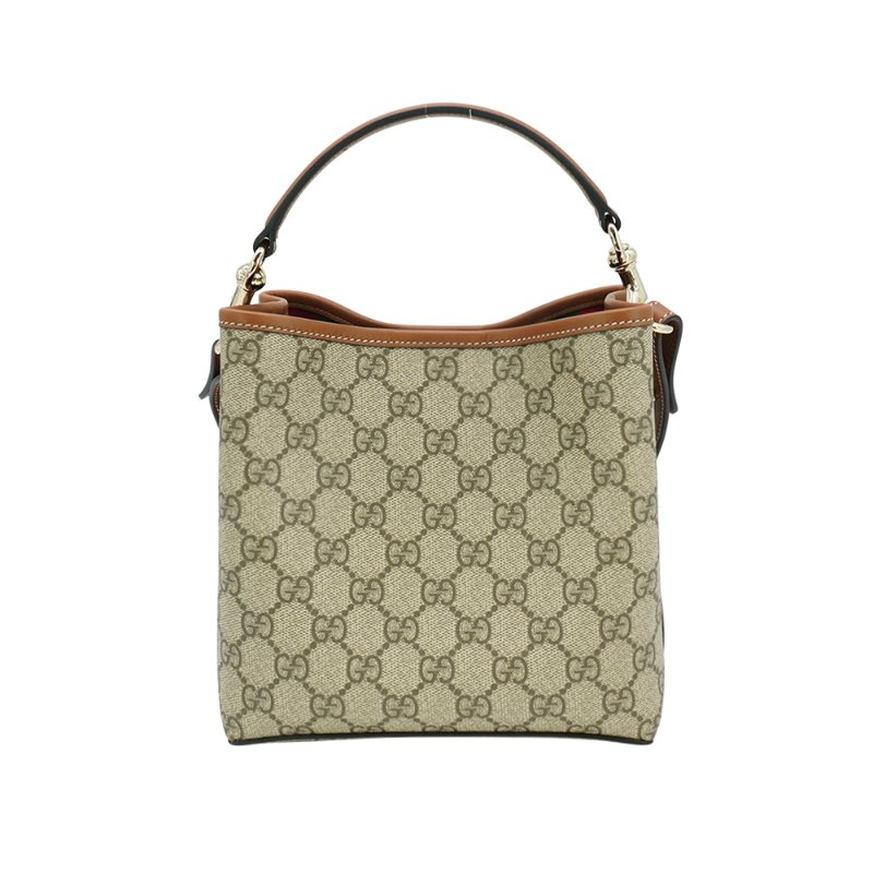Gucci 展示品 GG Emblem 帆布拚牛皮水桶二用包(815118-咖)-2
