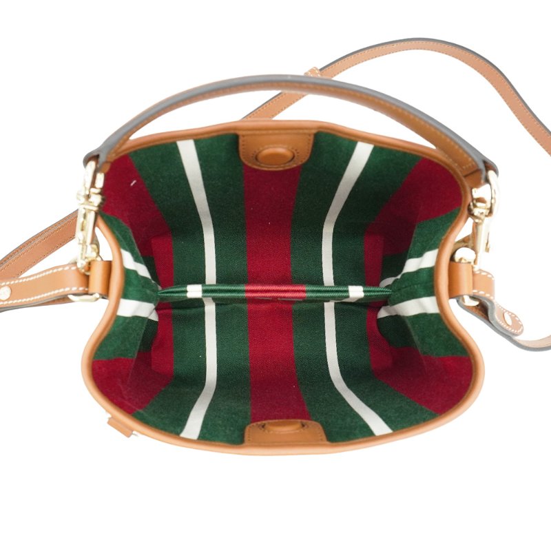 Gucci 展示品 GG Emblem 帆布拚牛皮水桶二用包(815118-咖)-4