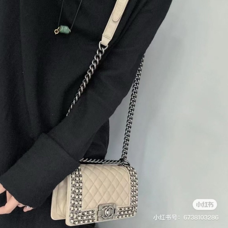Chanel Leboy鏈條包小號 杏色銀扣 牛皮20*12*7  9新 配件塵袋-0