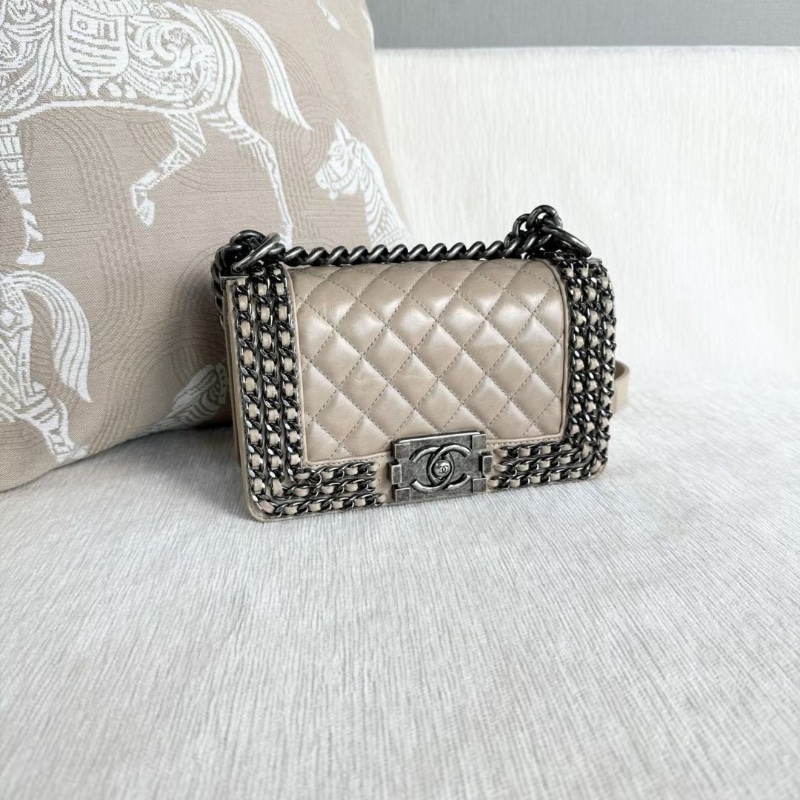 Chanel Leboy鏈條包小號 杏色銀扣 牛皮20*12*7  9新 配件塵袋-6