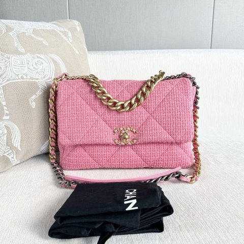 Chanel 毛呢鏈條包19bag中號 粉色 金扣 30*19*11 95新 配件塵袋