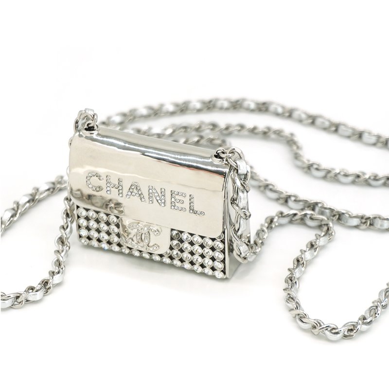 Chanel 展示品 皮穿鍊水鑽掀蓋迷你斜背包吊飾(銀)-0