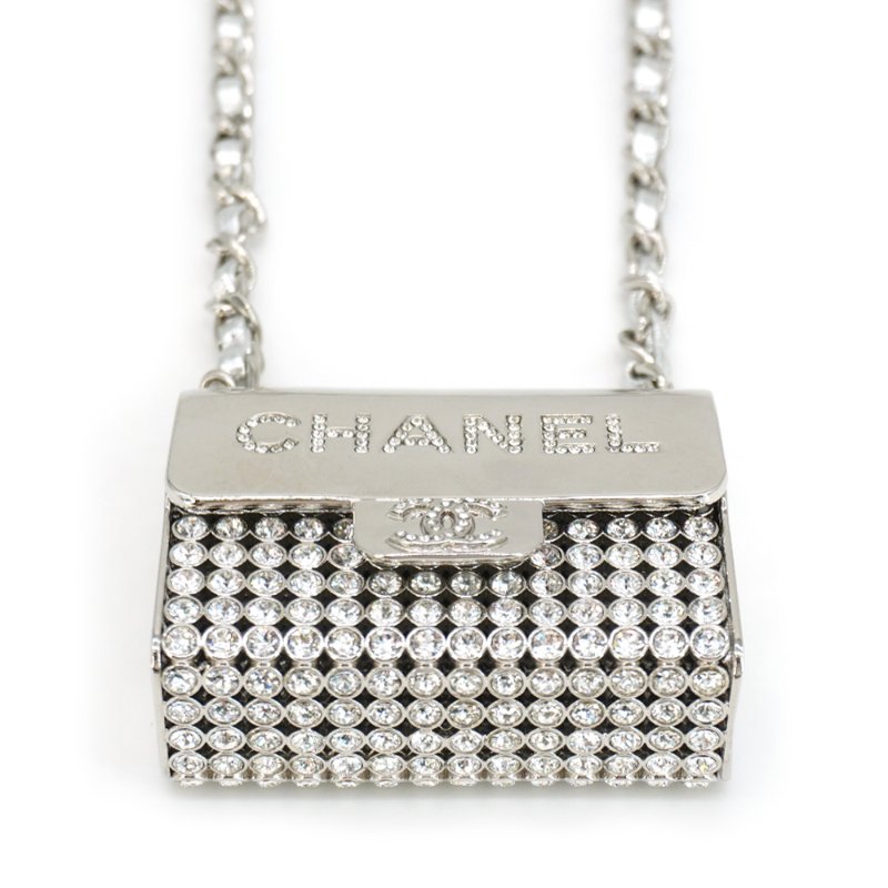 Chanel 展示品 皮穿鍊水鑽掀蓋迷你斜背包吊飾(銀)-3
