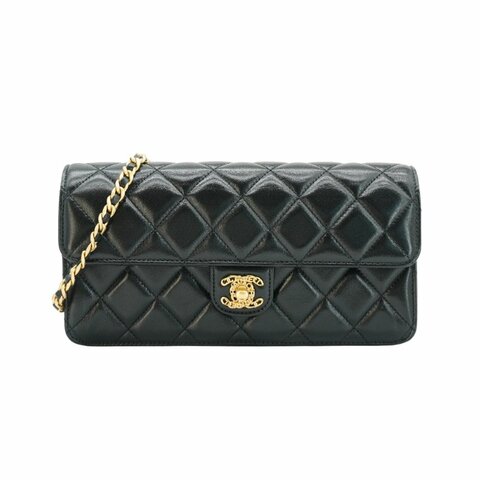 Chanel 展示品 金雙C菱格羊皮翻蓋斜背包(AS4053-黑)