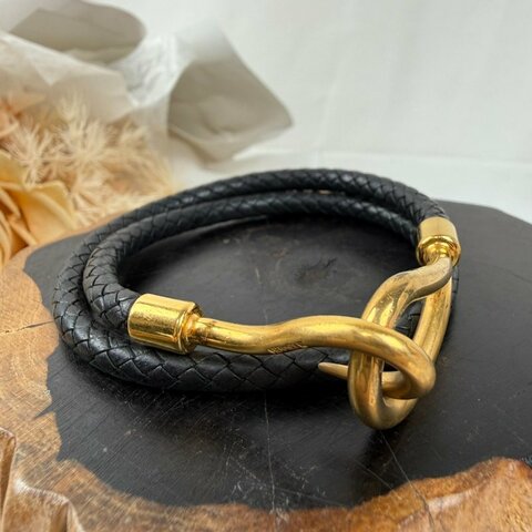 狀態良好 HERMES 愛馬仕 金勾雙圈黑色皮革編織手環 男女適用